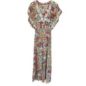 Karyn Seo Floral Embroidered Midi Dres‎ L Cottage Farmhouse Resortwear Peasant